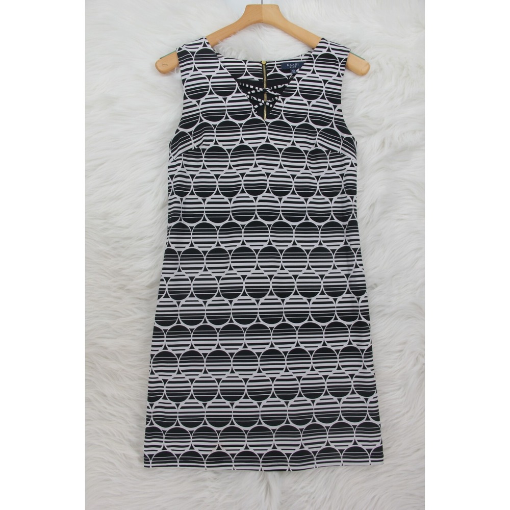 Kaari Blue Dress Women XS Black White Stripe Circle Shift Sleeveless Lined #1230